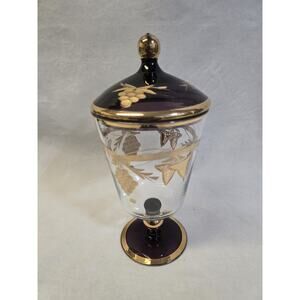 Apothecary Amethyst Purple Glass Gold Bohemian Footed Comport w Lid Dish etched